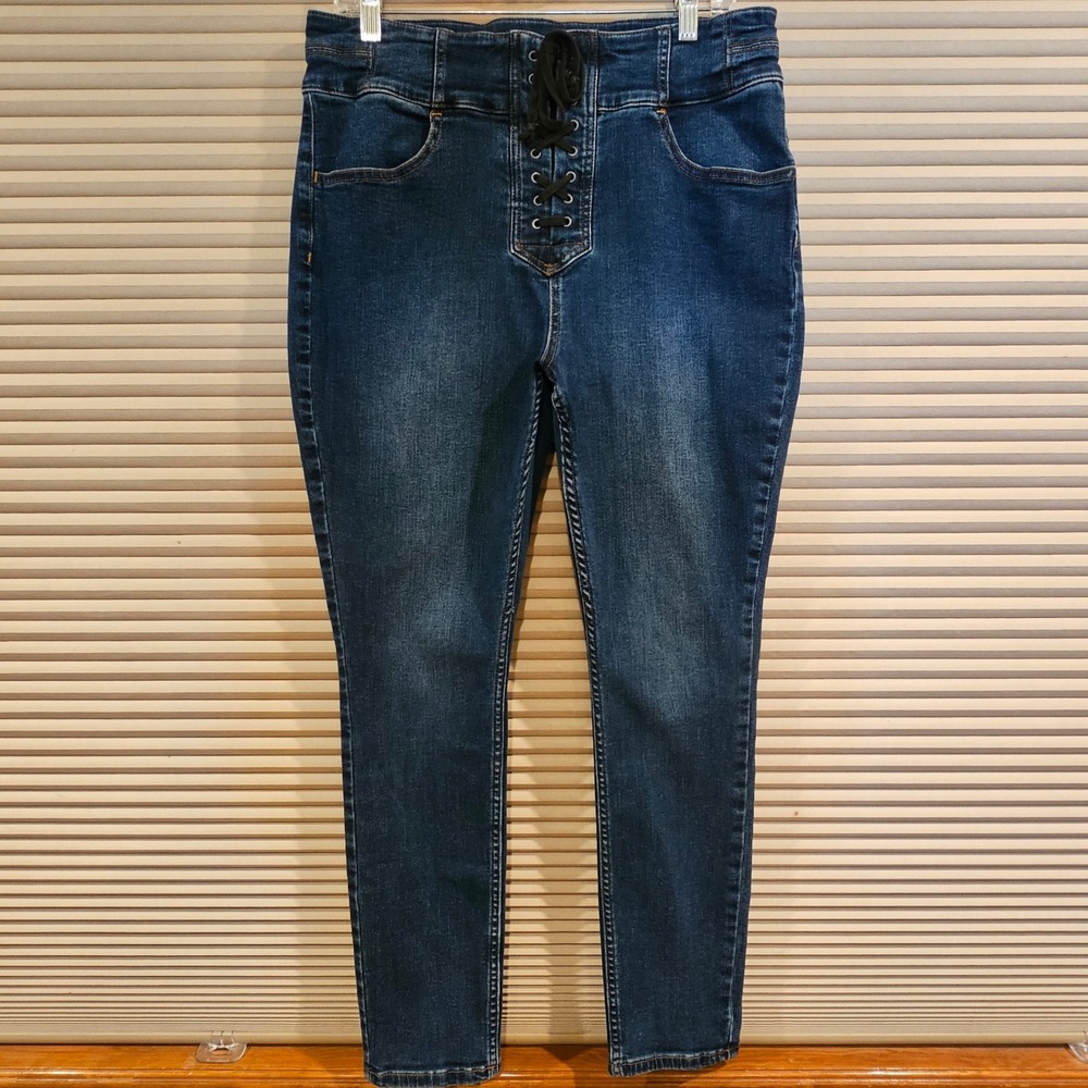 We The Free Free People‎ Curvy Lace Up High Rise Skinny Jeans Dark Wash Blue 33